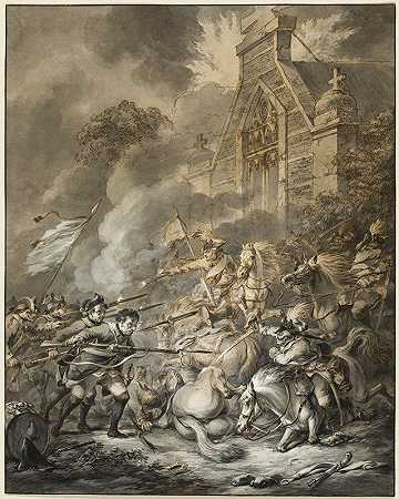 骑兵军官和步兵之间用刺刀的小冲突`A Skirmish Between the Cavalry Officers and Footsoldiers with Bayonets (1781) by Dirk Langendijk