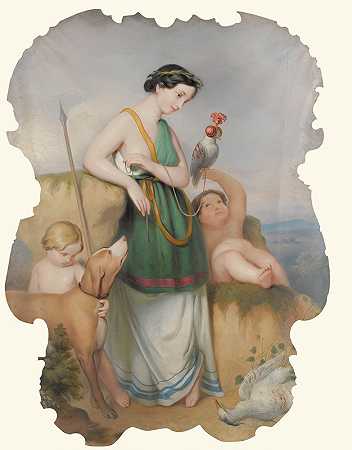有两个孩子的女孩，猎犬和鸟`Girl With Two Children, Hound And Birds (19th Century) by Continental School