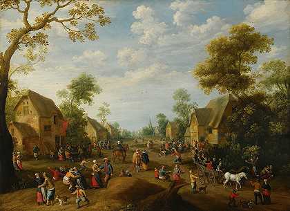 一个村子里有许多农民在大吃大喝`A Village Kermesse With Numerous Peasants Feasting (1628) by Joost Cornelisz Droochsloot
