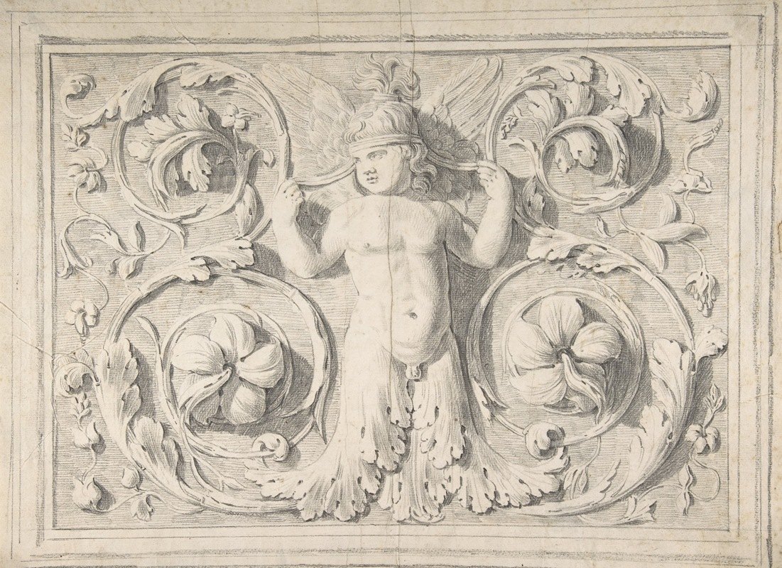 古董罗马雕塑，中心有裸体的长翅膀的男孩，叶子和藤蔓`Antique Roman Sculpture with Nude Winged Boy at the Center and Leaves and Vines (1776–79) by Thomas Hardwick