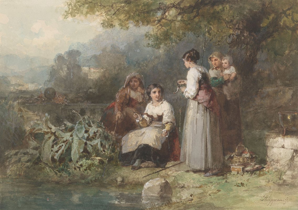 意大利女性钓鱼团体`Groepje hengelende Italiaanse vrouwen (1835 ~ 1897) by Karel Frans Philippeau