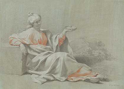 坐在户外拿着碗的年轻女子`Young Woman with a Bowl, Seated Outdoors (1733) by Johann Justin Preissler