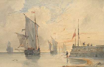 加莱附近的钓鱼拖船（Chasse marée）正在航行`Fishing Luggers (Chasse~marée) Making Sail, Off Calais (ca. 1823) by Louis François Thomas Francia