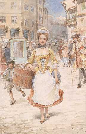 戴帽盒的年轻女子`Junge Frau mit Hutschachtel (1893) by Angelo Trentin