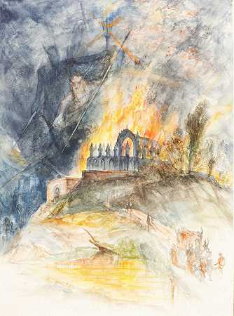 火焰中的教会建筑，上面有恶魔`An Ecclesiastic Building in Flames with Demons Above by Arthur Frederick Payne