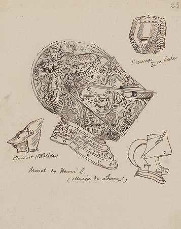 13世纪和14世纪的头盔图纸，以及卢浮宫收藏的亨利二世国王的头盔（约1560年）`Drawings of Helmets from the 13th and 14th Centuries and the Helmet of King Henry II (from ca. 1560) from the Louvre Collection (1890) by Stanisław Wyspiański