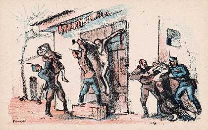 一位赤身裸体的老人被士兵钉在门上，迫使家人观看`Naakte oude man aan een deur gespijkerd door soldaten die zijn familie dwingen te kijken (1920) by Mihály Biró