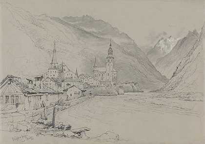 Visp或Viege，布里格附近`Visp or Viege, near Brig (after 1815) by Samuel Prout