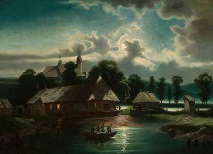 夜晚的乡村景观`Countryside landscape at night (1864) by Feliks Brzozowski