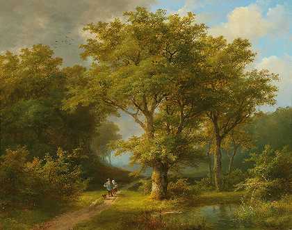 森林景观与农民夫妇回家`Wooded landscape with peasant couple returning home by Johann Bernhard Klombeck