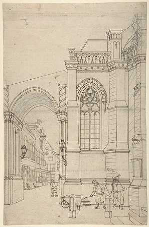 有教堂大门的城镇景观`A Townscape with a Churchgate (early 19th century) by Jan Hendrik Verheyen
