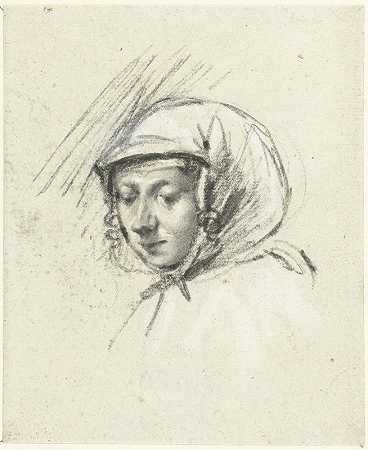 左边一个戴头巾的女人的头`Hoofd van een vrouw met een hoofddoek, naar links (c. 1660) by Moses ter Borch