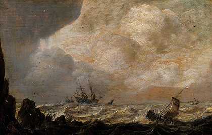 波涛汹涌的海面上靠近海岸的船只`Ships near the coast on a rough sea by Pieter Mulier