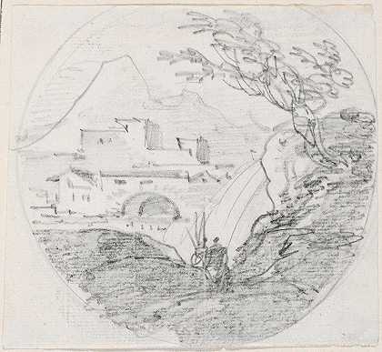 从山脊到村庄和远山的景色`View from a Ridge to a Village and Distant Mountain (probably c. 1754~1765) by Hubert Robert