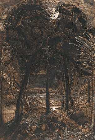 月光下蜿蜒的河流`A Moonlit Scene with a Winding River by Samuel Palmer