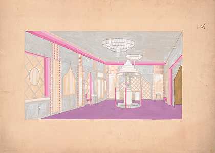 [纽约州萨伏伊广场第五大道和第58街Lentheric沙龙的设计。][透视渲染]`[Design for the Lentheric Salon, Fifth Ave. & 58th St., Savoy~Plaza Hotel, New York, NY.] [Perspective rendering (1925) by Winold Reiss