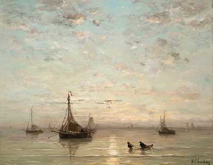 日落时的渔船`Fishing Boats At Sunset by Hendrik Willem Mesdag