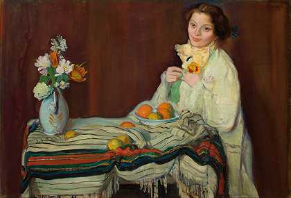 餐桌上妻子的肖像`Portrait of Wife at the Table (1907) by Ignacy Pieńkowski