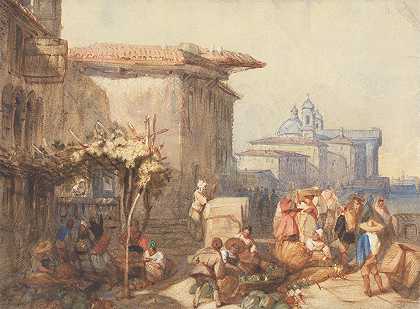 威尼斯的市场景象`A Market Scene in Venice by Charles Bentley