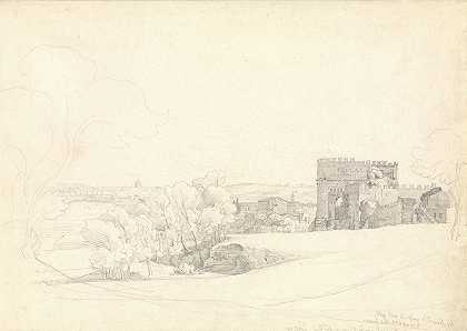 途经阿皮亚安提卡和塞西莉亚·梅特拉墓`Via Appia Antica with the Tomb of Cecilia Metella (1824) by Ernst Fries