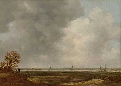 河流的全景，低洼的草地`Panoramic View of a River with Low~lying Meadows (in or after 1644) by Jan van Goyen
