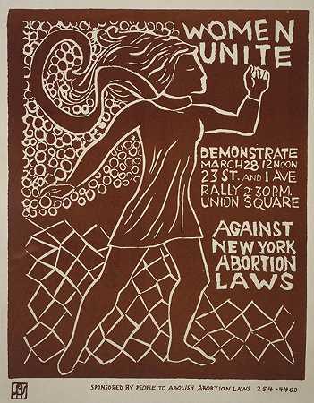 妇女联合示威3月28日。。。反对纽约堕胎法。`Women unite Demonstrate March 28 … against New York abortion laws. (1970) by Lucia Vernarelli
