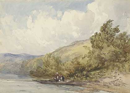 一湖一舟两人山景`Heuvellandschap met een meer en een boot met twee figuren (1822 ~ 1908) by William Callow