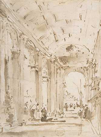 图书馆的拱廊，面向圣乔治·马焦雷`The Arcade of the Libreria, Looking Toward San Giorgio Maggiore (1712–93) by Francesco Guardi