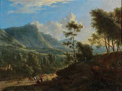 一个狩猎公司的意大利风景`An Italianate landscape with a hunting company by Frederick de Moucheron