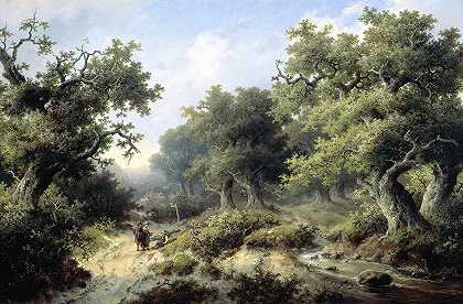 游客云集的森林景观`Boslandschap met reizigers (1849) by Jacob Cremer