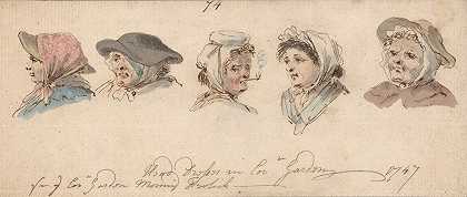 考文特花园的头饰`Head Dresses in Covent Garden (1747) by Louis Philippe Boitard