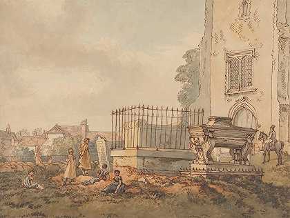 丛林墓地，有艾德里奇、赫恩和H·蒙罗的坟墓`Bushey Churchyard with the Tombs of Edridge, Hearne and H. Monro (ca. 1822) by William Henry Hunt
