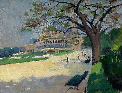 从花园看特罗卡德罗宫`Le Palais du Trocadéro vu des jardins (1910) by Ernest Jules Renoux
