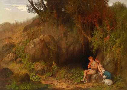 牧羊人夫妇的浪漫场景`Romantische Szene mit Hirtenpaar (1868) by Georg Kugler