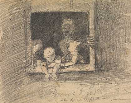 从窗户探出身子的孩子们`Children Leaning From a Window (1805) by Benjamin Robert Haydon