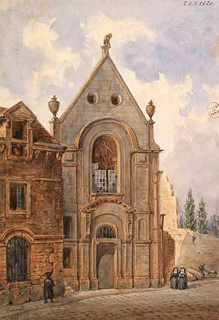 景观外部教堂。`Vue de lextérieur dune chapelle. (1844) by Auguste-Sébastien Bénard