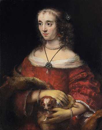 一位女士和一条小狗的肖像`Portrait of a Lady with a Lap Dog (ca 1665) by Rembrandt van Rijn