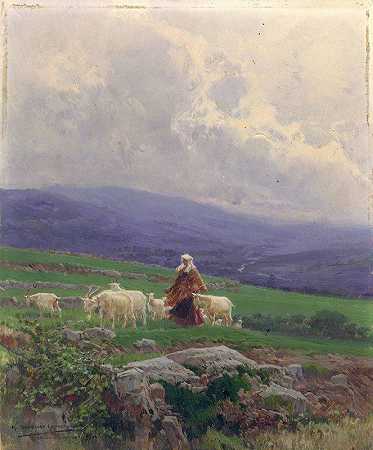 牧场上的山羊安蒂科利·科拉多`Goats in the Pasture, Anticoli Corrado (1904) by Mariano Barbasán
