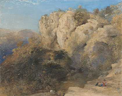 威尔士的岩石景观`Rocky Landscape in Wales (1835) by Samuel Palmer