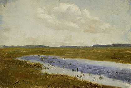 草地上有牛蹄草、素描`Meadow with cowslips, sketch (1894) by Jozef Chelmonski