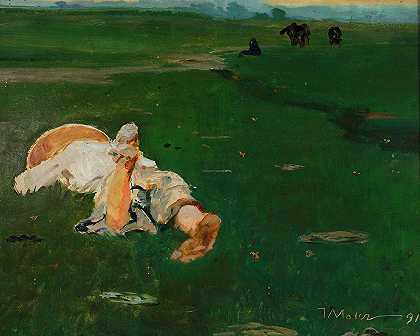 草地上的牧羊女`Shepherd girl in a meadow (1891) by Jacek Malczewski