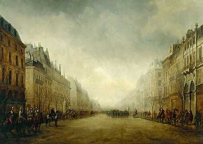 总统在大大道上的评论`Revue passé par le Prince~Président sur les Grand Boulevards (1852) by Gustave Edward Barry