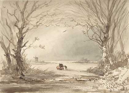 冬天的风景`A Winter Landscape (1854) by Johannes Franciscus Hoppenbrouwers