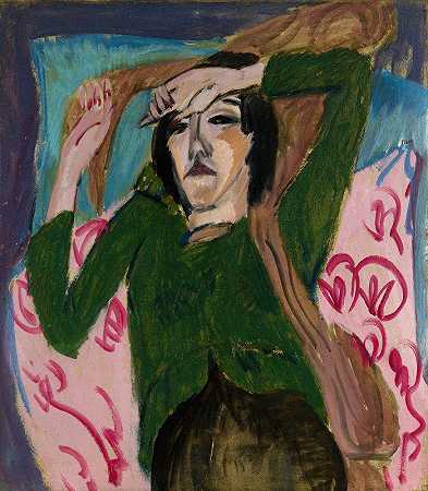穿绿色夹克的女人`Woman in a Green Jacket (1913) by Ernst Ludwig Kirchner
