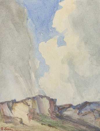 风沙下的沙丘景观`Duinlandschap met zandafgraving onder stormachtige lucht (1872 ~ 1944) by Frans Smissaert