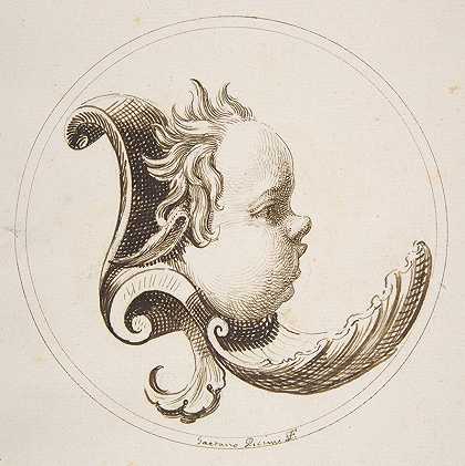 推杆她把头向右看，下巴下有一个贝壳，在一个圆圈内`Puttos Head Looking to the Right with a Shell Beneath the Chin within a Circle (1727) by Gaetano Piccini