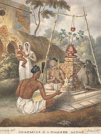 婆罗门在图尔西祭坛上`Brahmins at a Toolsee Altar by Sir Charles D;Oyly