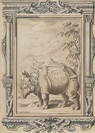 装饰框架内风景中的犀牛`Rhinoceros in a Landscape within an Ornamental Frame (ca. 1730) by Johann Melchior Füssli