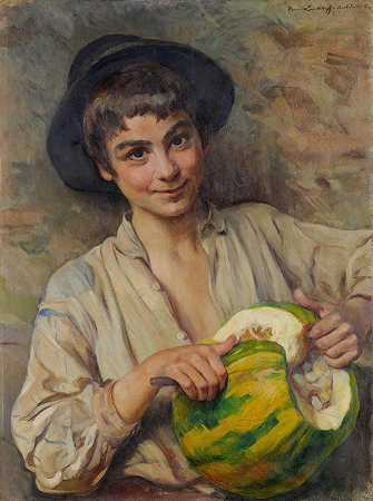带南瓜的意大利男孩`Italian Boy With Pumpkin (1903) by Hans (Johann) Ludwig Lendorff