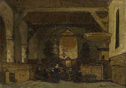 马斯兰教堂的屋内`Interior of the Church in Maasland (c. 1870 ~ c. 1875) by Johannes Bosboom